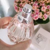 Jimmy Choo L Eau elegantna bočica ženskog parfema u ruci zene i sa buketom cveca u pozadini