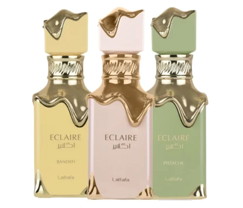 Lattafa Eclaire Banoffi EDP unisex parfem – ambijentalna fotografija sa varijacijama Eclaire EDP, Eclaire Pistacio I Eclaire Banoffi