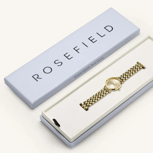 Rosefield SCGSG-S05 zenski rucni sat toptaurus.rs. 3 Detalj Rosefield SCGSG-S05 zlatnog ženskog sata sa šampanj brojčanikom i originalna kutija