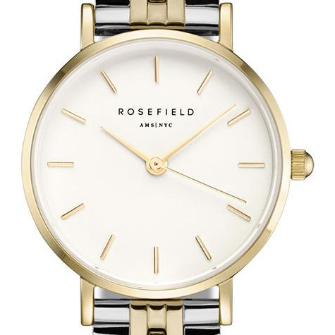 Detalj Rosefield 26SGD-269 zlatnog ženskog sata sa belim brojčanikom sa Rosefield logotipom