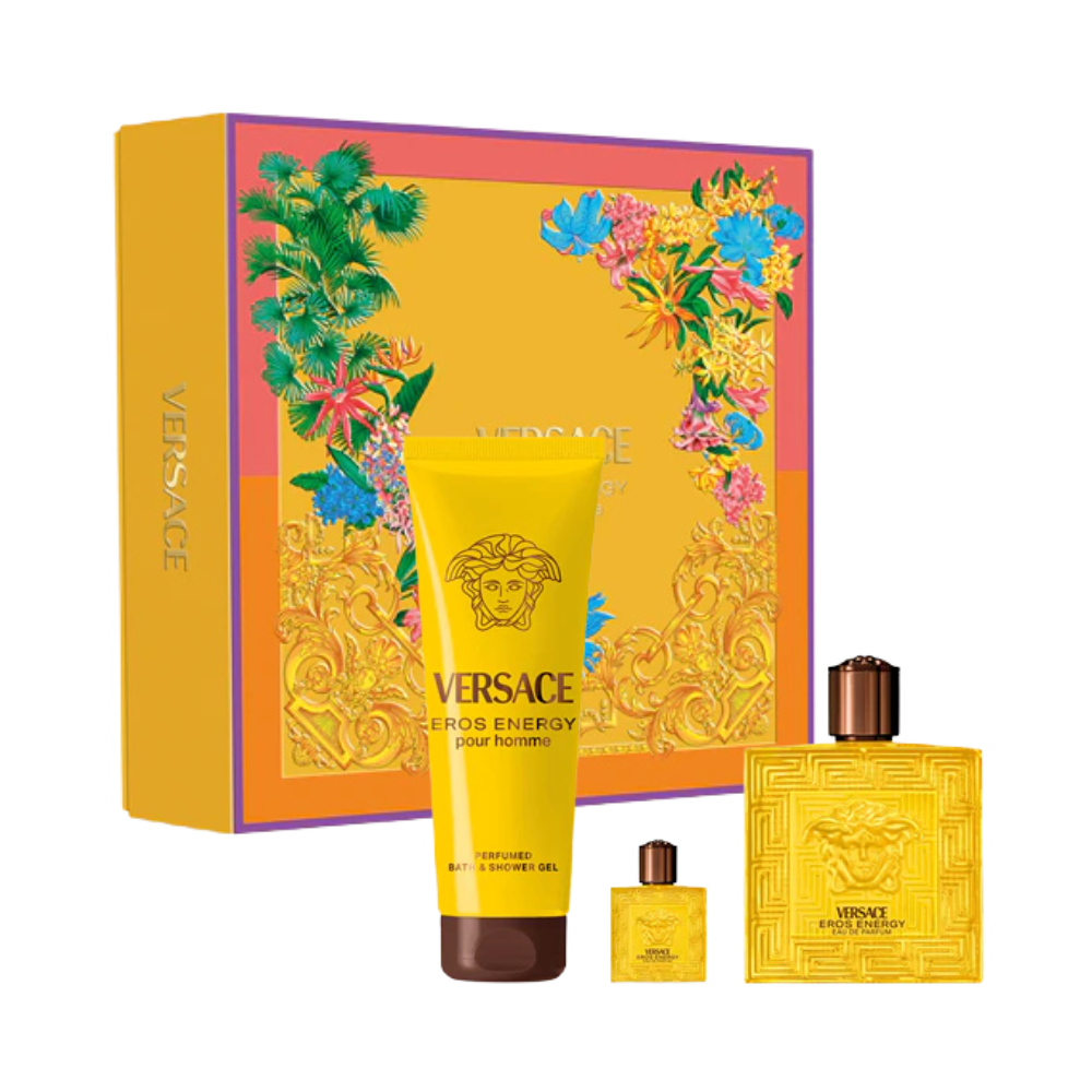 Versace Eros Energy set 100 ml EDP + 5 ml + 150 ml gel za tuširanje muski parfemski slika proizvoda i pakovanja